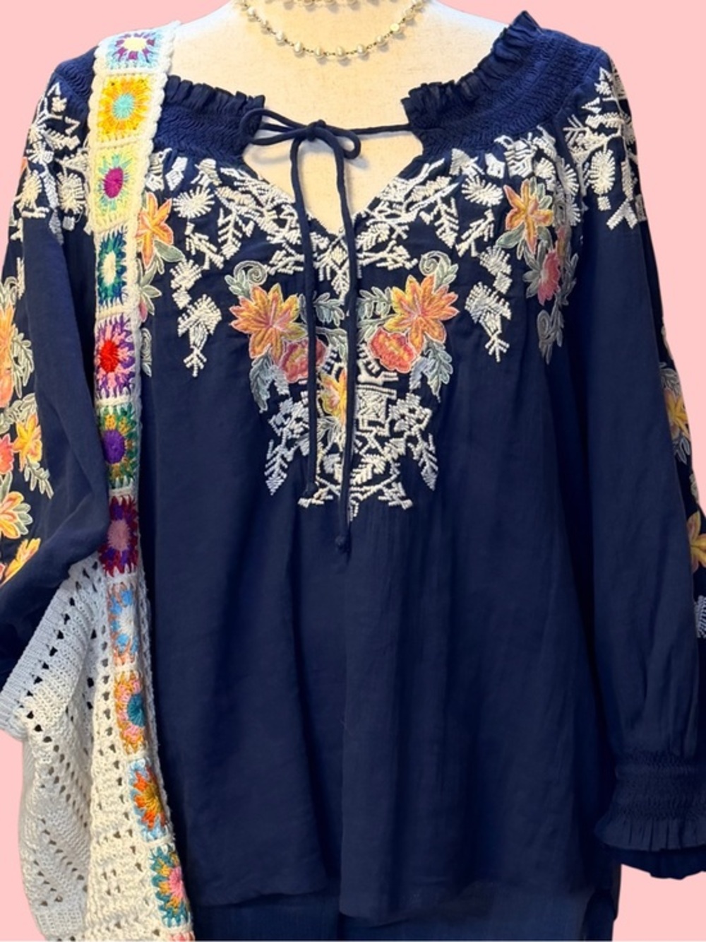 Sundance Navy Boho Peasant Tunic with Multicolor Floral Embroidery